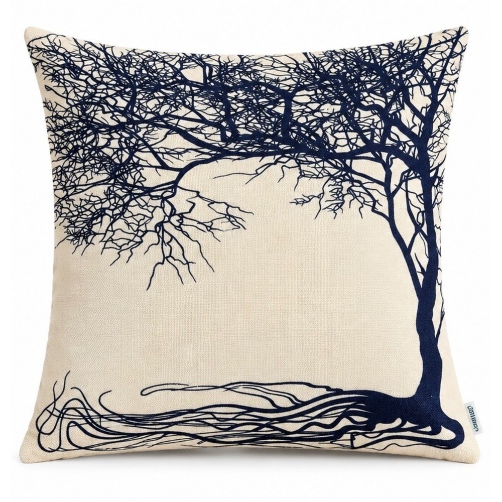 CaliTime Navy Blue Tree Silhouette Throw Pillow Cover 18x18 Cream Linen Blend